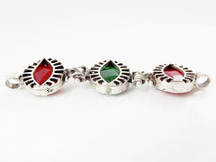 Trio Jade Stone Eye Bracelet Connector - Emerald Green Red - Matte Silver Plated -  No: 5