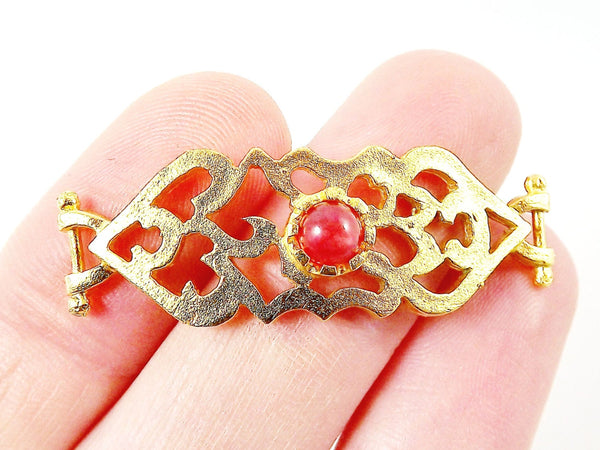 Red Jade Stone Curved Fretwork Bracelet Focal Connector - Matte Gold Plated - 1PC - GP248