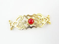 Red Jade Stone Curved Fretwork Bracelet Focal Connector - Matte Gold Plated - 1PC - GP248