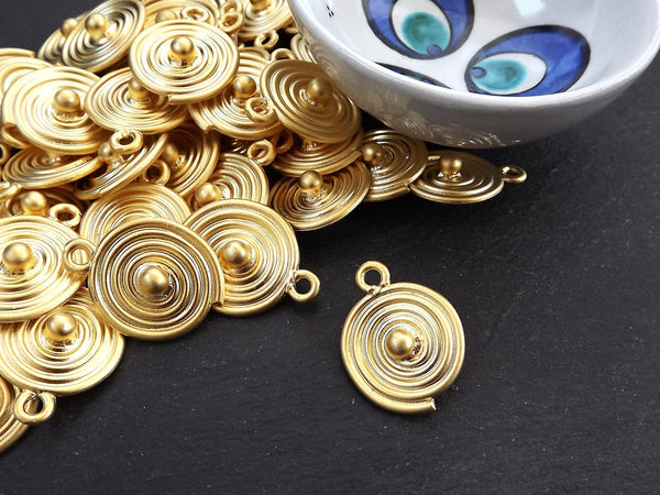 Round Spiral Coin Pendant, Tribal Disc Ball Drop Charms, Ethnic Jewelry Making Supplies, 22k Matte Gold Plated, 1pc