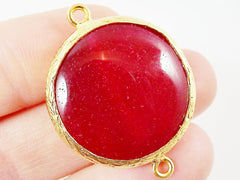 26mm Red Smooth Jade Connector - Gold plated Bezel - 1pc