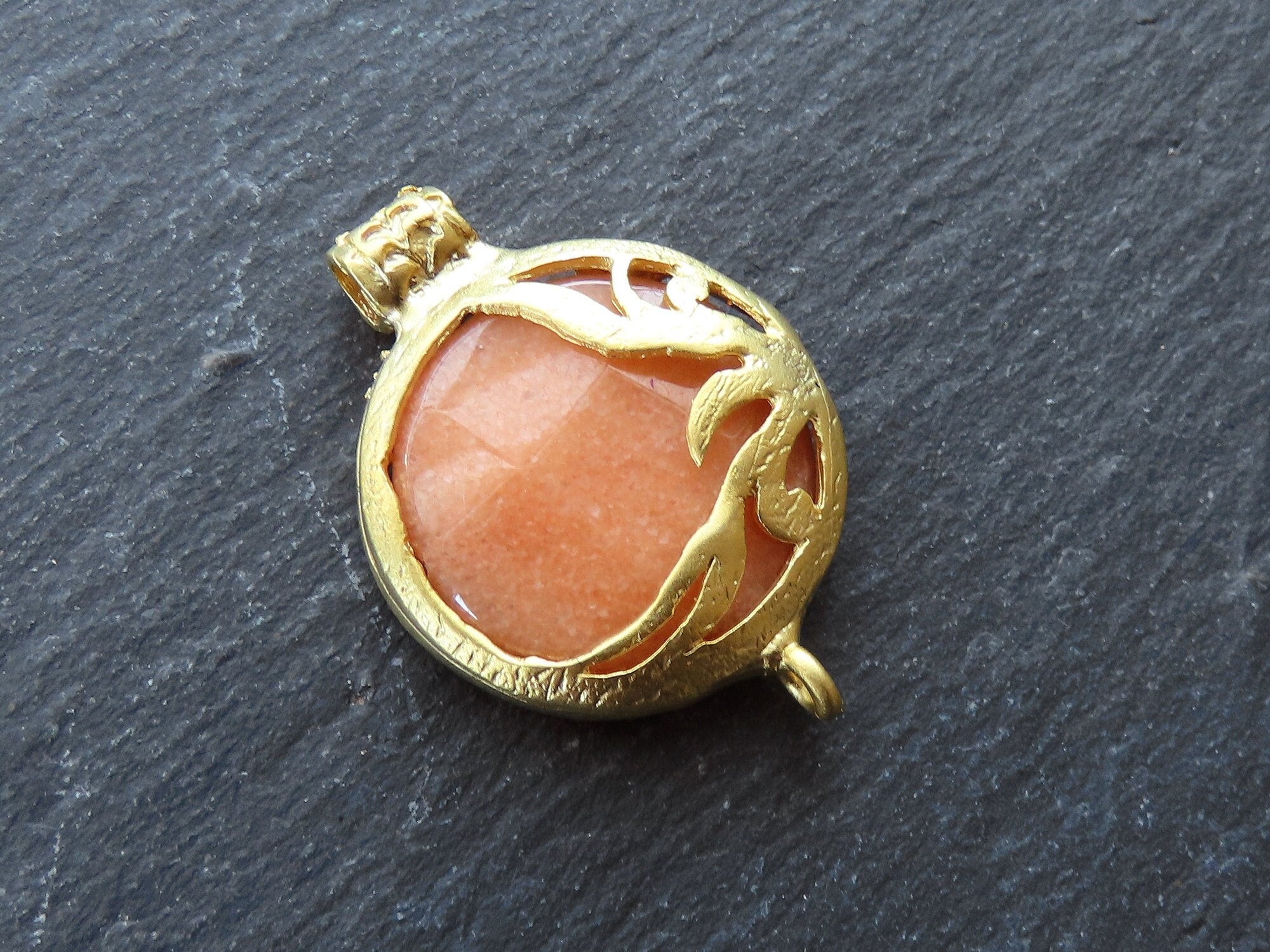 Orange Jade Stone Pendant, Curved Organic Leaf Detail, Connector Link, Gold Bezel, Rustic Leaf, 22k Matte Gold Plated, 1pc