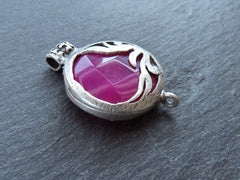 Hot Pink Jade Stone Pendant, Curved Rustic Organic Leaf Leaves Detail, Connector Link, Matte Antique Silver Plated Bezel, 1pc