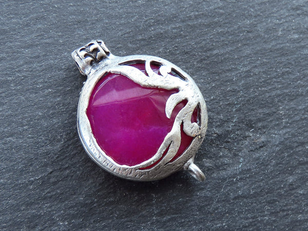 Hot Pink Jade Stone Pendant, Curved Rustic Organic Leaf Leaves Detail, Connector Link, Matte Antique Silver Plated Bezel, 1pc