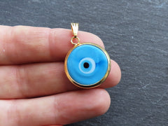 Turquoise Blue Evil Eye Charm Pendant with Bail, Round Glass Lampwork Evil Eye, Amulet Protective Lucky, Handmade, 22k Gold Plated Bezel 1pc