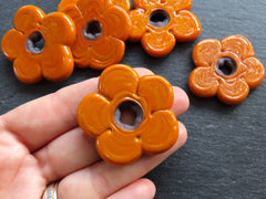 2 Large Tangerine Orange Flower Beads, Large Chunky Flower Artisan Handmade, Size Between 40 - 48mm
