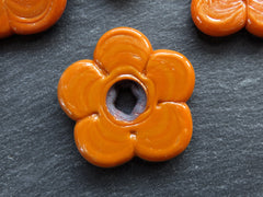 2 Large Tangerine Orange Flower Beads, Large Chunky Flower Artisan Handmade, Size Between 40 - 48mm