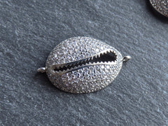 Cowrie Shell Connector Charms, Silver Rhinestone Shell Charms, Clear Micro Pave Cowrie Shell, Puka Shell, Bracelet Charm