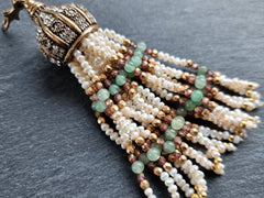 Pearl Beaded Tassel Pendant, Gemstone Tassel Necklace Focal, Freshwater Pearls Jade Bead Strands, Rhinestone Crystal Antique Bronze Cap, 1pc