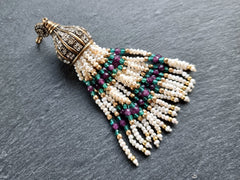 Pearl Beaded Tassel Pendant, Gemstone Tassel Necklace Focal, Freshwater Pearls Jade Strands, Rhinestone Crystal Antique Bronze Cap, 1pc No:3