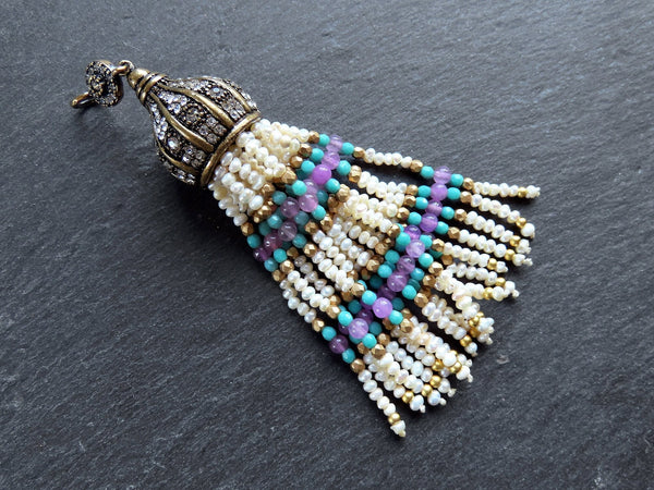 Pearl Beaded Tassel Pendant, Gemstone Tassel Necklace Focal, Freshwater Pearls Jade Strands, Rhinestone Crystal Antique Bronze Cap, 1pc No:2