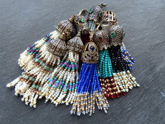 Blue Beaded Tassel Pendant, Gemstone Oriental Ottoman Tassel Necklace Focal, Crystal bead Strands, Rhinestone Antique Bronze Cap, 1pc No:1