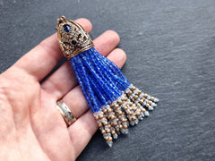 Blue Beaded Tassel Pendant, Gemstone Oriental Ottoman Tassel Necklace Focal, Crystal bead Strands, Rhinestone Antique Bronze Cap, 1pc No:1