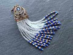 Blue Beaded Tassel Pendant, Gemstone Oriental Ottoman Tassel Necklace Focal, Crystal bead Strands, Rhinestone Antique Bronze Cap, 1pc No:2