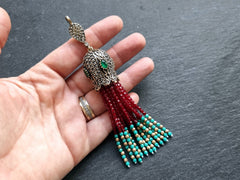 Turquoise Beaded Tassel Pendant, Gemstone Oriental Ottoman Tassel Necklace Focal, Crystal Strands, Rhinestone Antique Bronze Cap, 1pc No:2