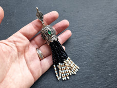 Black Beaded Tassel Pendant, Gemstone Oriental Ottoman Tassel Necklace Focal, Crystal Strands, Rhinestone Antique Bronze Cap, 1pc No:1