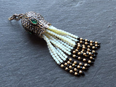 Black Beaded Tassel Pendant, Gemstone Oriental Ottoman Tassel Necklace Focal, Crystal Strands, Rhinestone Antique Bronze Cap, 1pc No:2