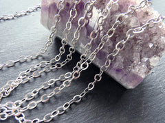 Pressed Oval Ellipse Link Cable Chain 7x5mm, Matte Silver Plated, Tarnish Resistant, 1 Meter = 3.3 Feet