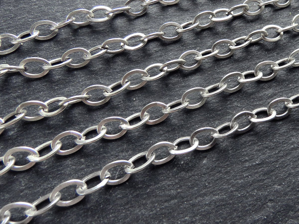 Pressed Oval Ellipse Link Cable Chain 7x5mm, Matte Silver Plated, Tarnish Resistant, 1 Meter = 3.3 Feet