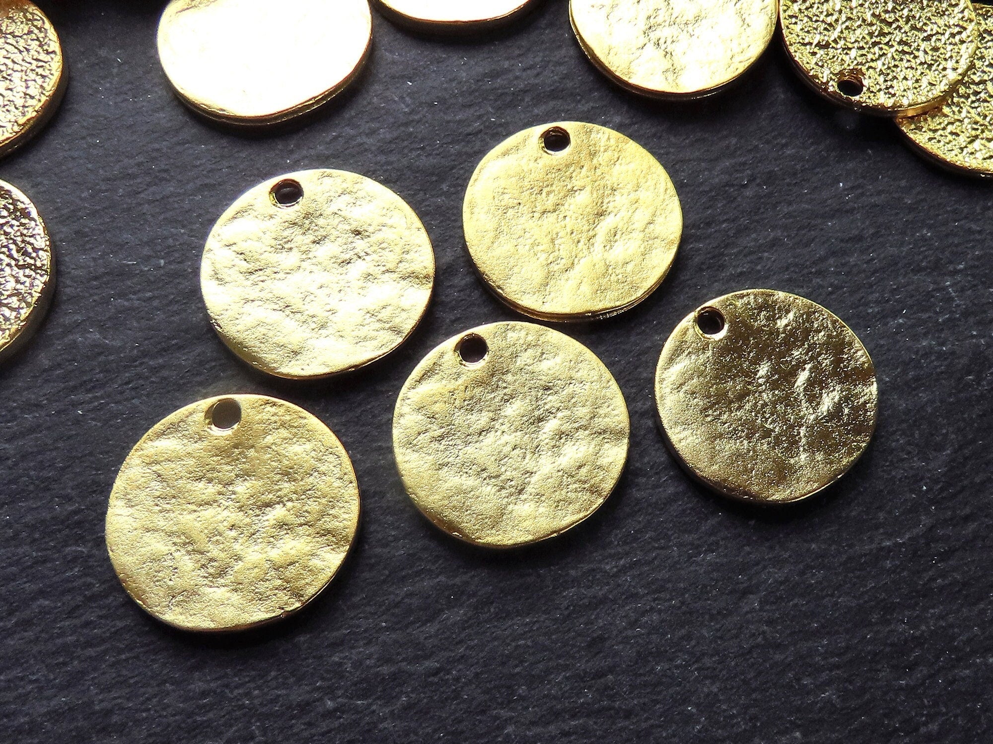 5 Plain Round Rustic Disc Pendants, Double Textured, Jewelry Making Supplies Findings, 22k Matte Gold Plated