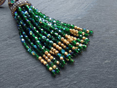 Sparkly Green Beaded Tassel Necklace Pendant, Facet Cut Czech Glass Fire Polished AB Beads, Antique Bronze Rhinestone, 1PC