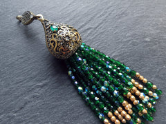 Sparkly Green Beaded Tassel Necklace Pendant, Facet Cut Czech Glass Fire Polished AB Beads, Antique Bronze Rhinestone, 1PC