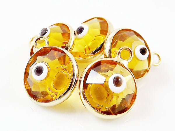 5 Golden Yellow Evil Eye Nazar Crystal Charms - Gold Plated Brass Bezel