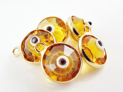 5 Golden Yellow Evil Eye Nazar Crystal Charms - Gold Plated Brass Bezel