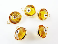 5 Golden Yellow Evil Eye Nazar Crystal Charms - Gold Plated Brass Bezel