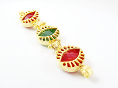Trio Stone Eye Bracelet Connector - Emerald Green, Strawberry Red - 22K Matte Gold Plated No:8