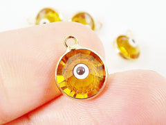 5 Golden Yellow Evil Eye Nazar Crystal Charms - Gold Plated Brass Bezel