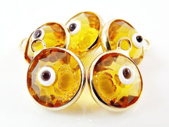 5 Golden Yellow Evil Eye Nazar Crystal Charms - Gold Plated Brass Bezel