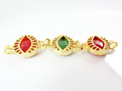 Trio Stone Eye Bracelet Connector - Emerald Green, Strawberry Red - 22K Matte Gold Plated No:8