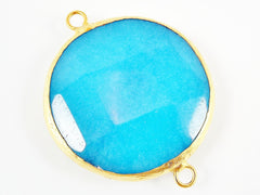 42mm Blue Round Faceted Jade Connector - 22k Matte Gold plated Bezel - 1pc