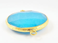 42mm Blue Round Faceted Jade Connector - 22k Matte Gold plated Bezel - 1pc