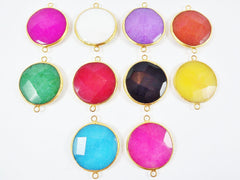 42mm Purple Heart Round Faceted Jade Connector - 22k Matte Gold plated Bezel - 1pc
