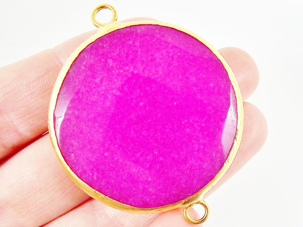 42mm Fuschia Pink Round Faceted Jade Connector - 22k Matte Gold plated Bezel - 1pc