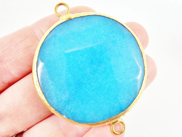 42mm Blue Round Faceted Jade Connector - 22k Matte Gold plated Bezel - 1pc