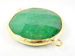 42mm Emerald Green Round Faceted Jade Connector - 22k Matte Gold plated Bezel - 1pc