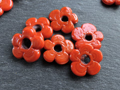6 Deep Orange Glass Flower Beads, Large Chunky Flower Artisan Handmade Opaque Orange, 20mm