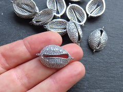 Cowrie Shell Connector Charms, Silver Rhinestone Shell Charms, Clear Micro Pave Cowrie Shell, Puka Shell, Bracelet Charm