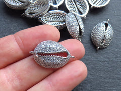 Cowrie Shell Connector Charms, Silver Rhinestone Shell Charms, Clear Micro Pave Cowrie Shell, Puka Shell, Bracelet Charm