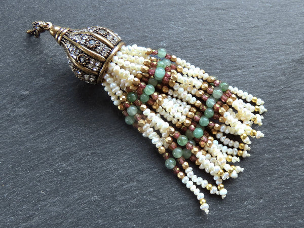 Pearl Beaded Tassel Pendant, Gemstone Tassel Necklace Focal, Freshwater Pearls Jade Bead Strands, Rhinestone Crystal Antique Bronze Cap, 1pc