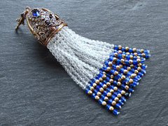 Blue Beaded Tassel Pendant, Gemstone Oriental Ottoman Tassel Necklace Focal, Crystal bead Strands, Rhinestone Antique Bronze Cap, 1pc No:2