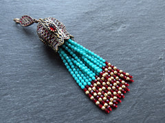 Turquoise Beaded Tassel Pendant, Gemstone Oriental Ottoman Tassel Necklace Focal, Crystal Strands, Rhinestone Antique Bronze Cap, 1pc No:1
