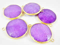 42mm Purple Heart Round Faceted Jade Connector - 22k Matte Gold plated Bezel - 1pc