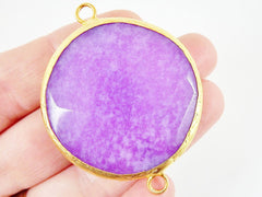 42mm Purple Heart Round Faceted Jade Connector - 22k Matte Gold plated Bezel - 1pc