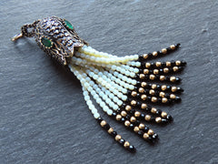 Black Beaded Tassel Pendant, Gemstone Oriental Ottoman Tassel Necklace Focal, Crystal Strands, Rhinestone Antique Bronze Cap, 1pc No:2