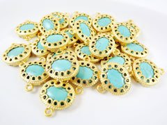 Scalloped Turquoise Stone Connector  - Gold plated Bezel - 1pc - GP118