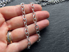 Pressed Oval Ellipse Link Cable Chain 7x5mm, Matte Silver Plated, Tarnish Resistant, 1 Meter = 3.3 Feet